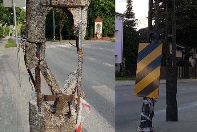 Po pytaniach od naszej redakcji, uszkodzony po uderzeniu auta, słup sieci energetycznej w Zgierzu jest już „zabezpieczony” – przez nałożenie na niego prostokątnego znaku drogowego. Ale od drugiej strony słupa wciąż widać powyginane pręty szkieletu tej konstrukcji.>>> Czytaj dalej przy kolejnej ilustracji >>>Na zdjęciu z lewej, stan słupa z 4 sierpnia, od prawej – z 6 sierpnia