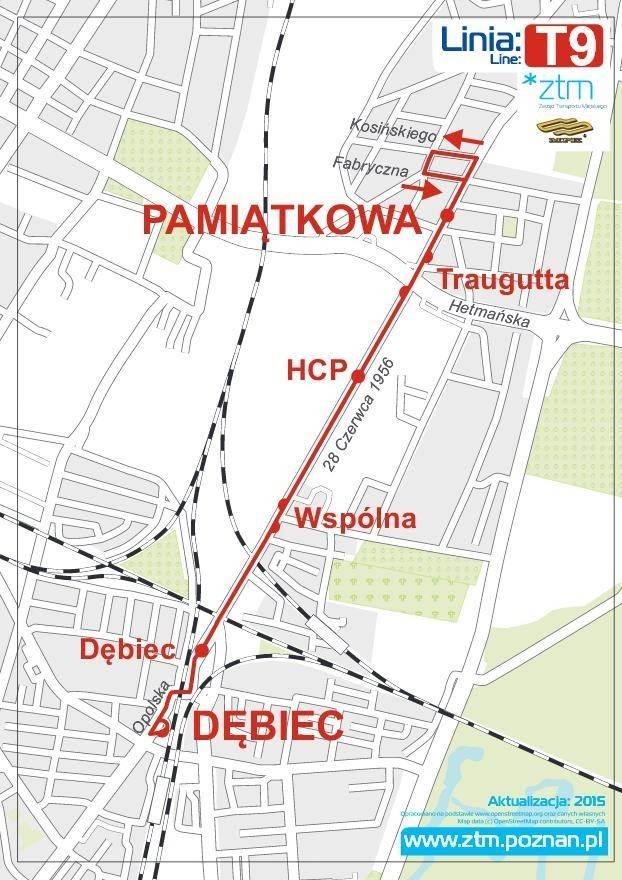 Schemat linii autobusowej "za tramwaj" T9 od 13 do 16...