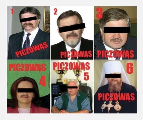 Czy witryna białostockich anarchistów to kiepski żart, czy obrażanie władzy państwowej i kościelnej? Politycy z tych zdjęć  jeszcze się nie widzieli w &#8222;rankingu piczowąsów&#8221;.
