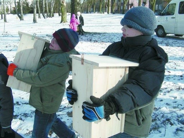 Wychowankowie świetlicy Zespołu Szkół nr 1 w Hajnówce pomagają w akcji wieszania budek. Ptaki, które w nich zamieszkają pomogą kasztanowcom.