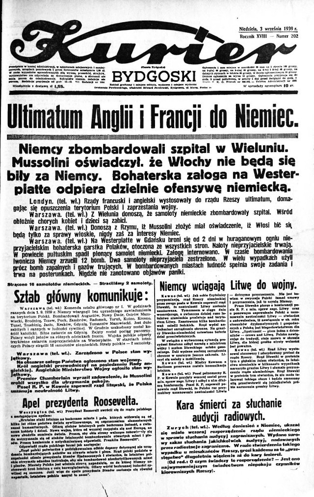 Pierwsza strona "Kuriera Bydgoskiego" z 3 września 1939 r.