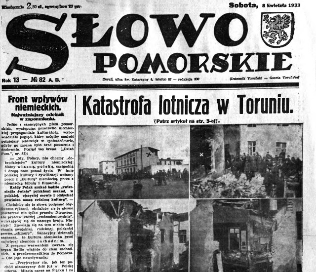 Pierwsza strona "Słowa Pomorskiego" z 8 kwietnia 1933 roku z informacją o katastrofie na Bydgoskiem Przedmieściu