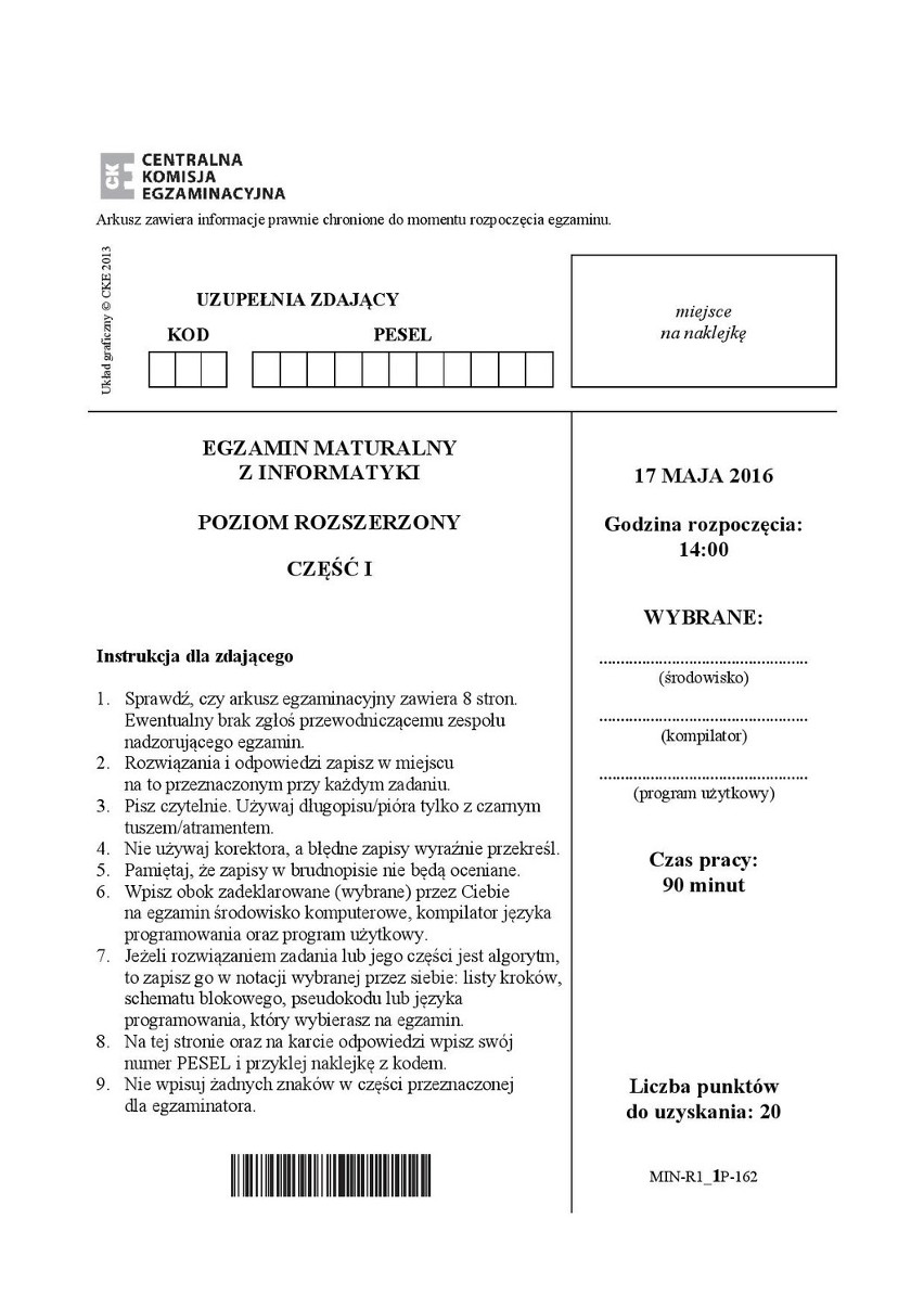 Stara matura 2016: INFORMATYKA rozszerzona [ARKUSZ CKE,...