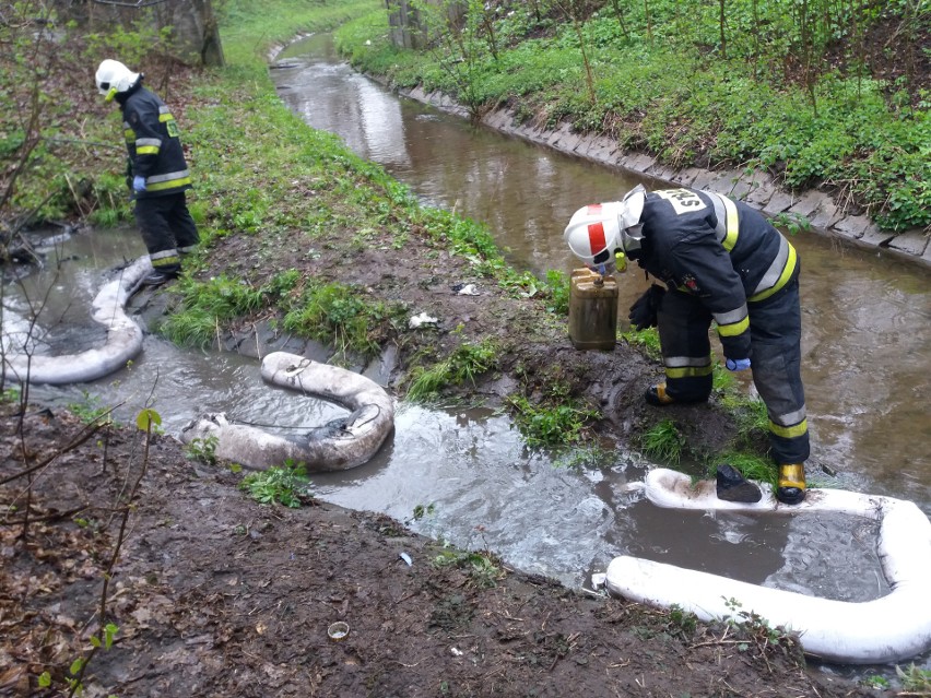 Akcja strażaków w Wojkowicach. Zbierają substancję ropopochodną z potoku NOWE ZDJĘCIA