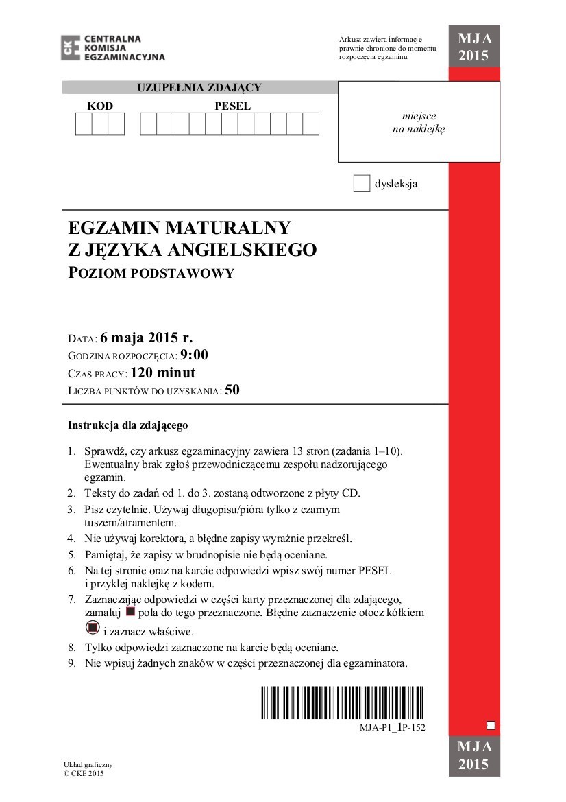 MATURA 2015. ANGIELSKI podstawowy TECHNIKUM, LICEUM [ARKUSZE...