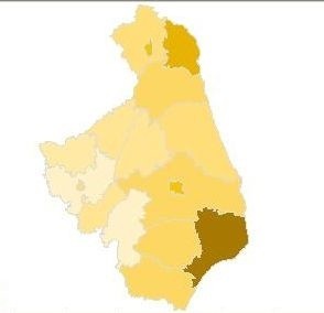 Najciemniejszy kolor na mapie województwa oznacza największą ilość głosów oddaną na Bronisława Komorowskiego