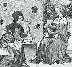 Rycina przedstawia Elżbietę Granowską w towarzystwie jej lekarza. Królowa cierpiała na gruźlicę.