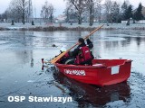 Kalisz: Strażacy z OSP Stawiszyn uratowali psa, pod którym załamał się lód na stawie