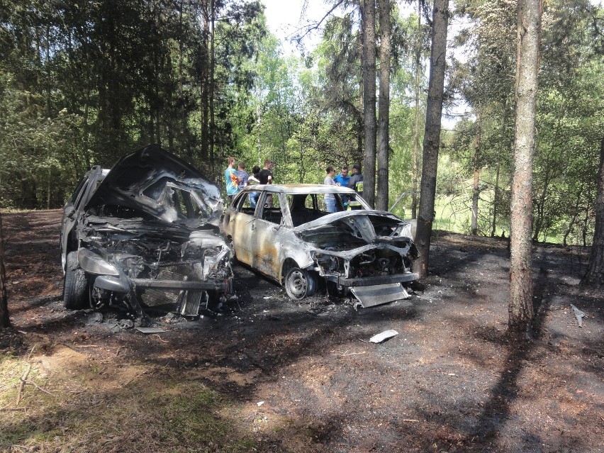 W lesie w Grzybowie spłonęły dwa auta