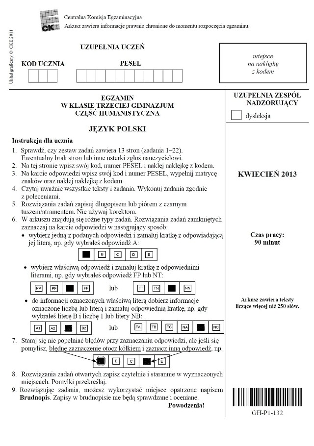 Oficjalny arkusz CKE - egzamin gimnazjalny, język polski (rok 2013)