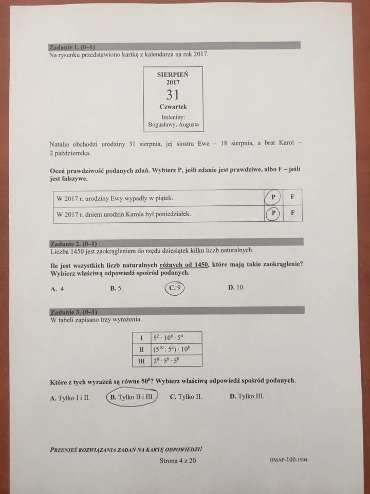 Egzamin ósmoklasisty 2019 MATEMATYKA Odpowiedzi