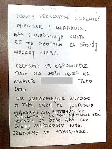 List od szantażysty zabezpieczony przez policję.