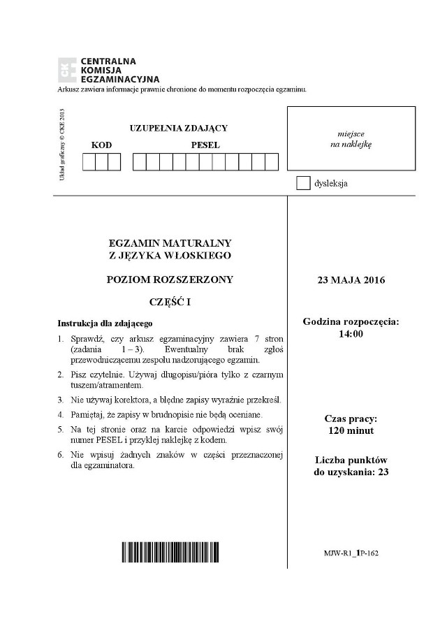 Stara matura 2016: Język włoski rozszerzenie [ARKUSZ CKE]