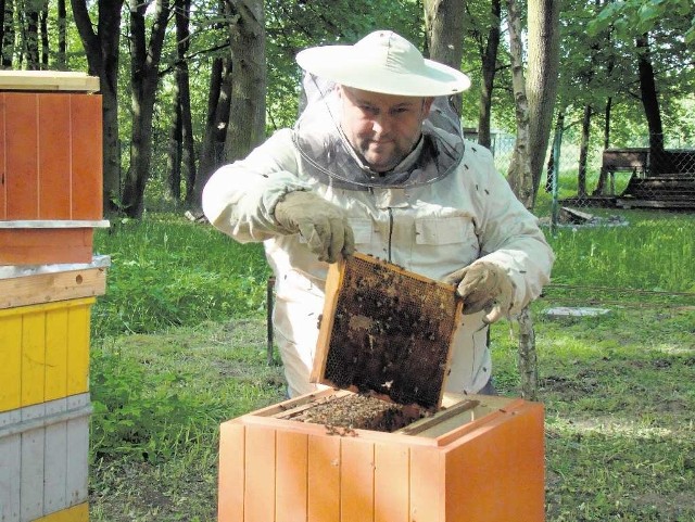 Mateusz Żukowski z Jaśkowic, właściciel gospodarstwa agroturystycznego "Słoneczna Łąka", 	ma na razie jedynie dwa zasiedlone przez pszczele rodziny ule, ale marzy mu się pasieka z 20 ulami