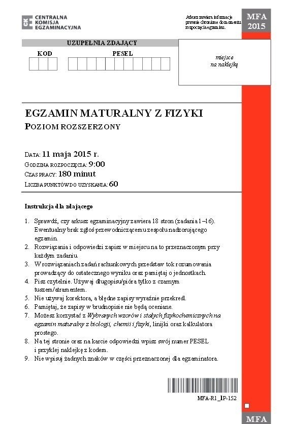 MATURA 2015. FIZYKA rozszerzona LO ARKUSZE zadań + TEST +...