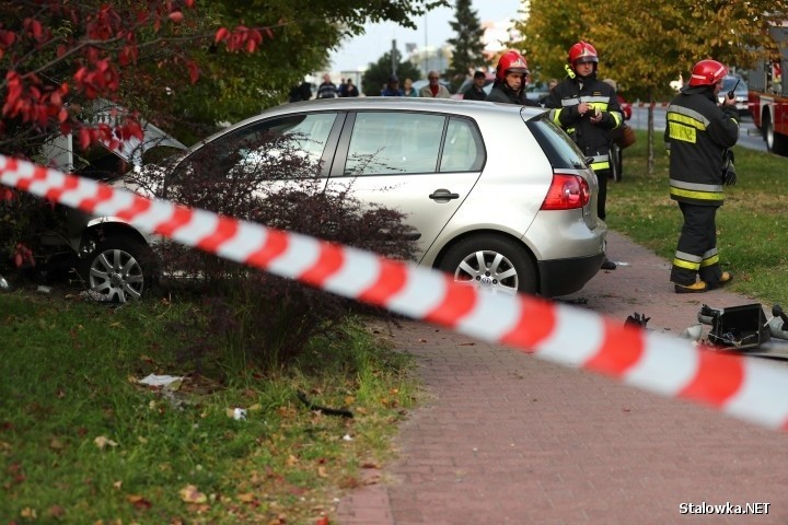 W Stalowej Woli kobieta „skosiła” volkswagenem golfem znak drogowy i sygnalizator świetlny (zdjęcia)