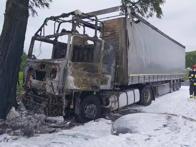 Do kolizji doszło dziś, 24 czerwca, o godz. 3.20 rano w Nowej Wsi na drodze powiatowej. - Policjanci wstępnie ustalili, że kierujący dafem z naczepą, jechał w kierunku Skulska. Z przeciwnego kierunku jechała ciężarowa scania, która zaczęła zjeżdżać na drugi pas drogi - podaje asp. szt. Marcin Krasucki, oficer prasowy KPP Radziejów. - Kierowca dafa odbił w prawo, doszło do zderzenia lusterkami, a następnie jego ciężarówka uderzyła w drzewo, po czym samochód zapalił się.