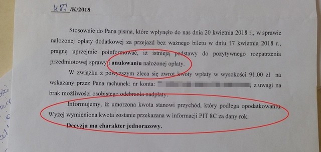 Fragmenty korespondencji Sebastiana Iskry z MUK w Zgierzu mówiący o "anulowaniu nałożonej opłaty" i o tym, że "umorzona kwita stanowi przychód, który podlega opodatkowaniu".