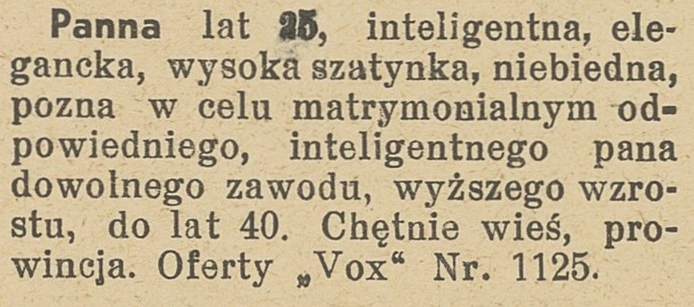 Ogłoszenia matrymonialne z lat 30. "Panienka, ładniutka, jasna blondynka...". Ogłoszenia pań