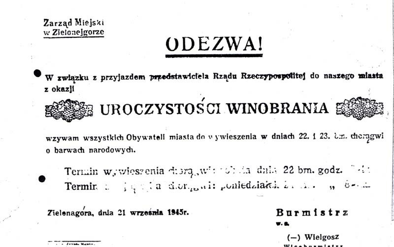 Obwieszczenie przypominające o Winobraniu w 1945 r.