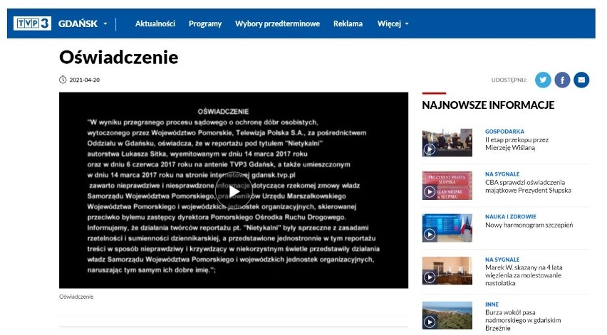 TVP przeprasza Urząd Marszałkowski. Chodzi o materiał nt. wicedyrektora Pomorskiego Ośrodka Ruchu Drogowego
