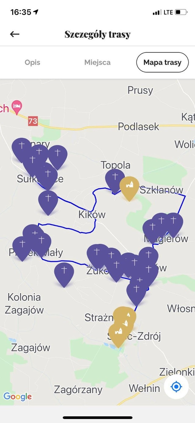Screen z aplikacji Solec-Zdrój. Oo mapa jednej z tras pieszo-rowerowych.