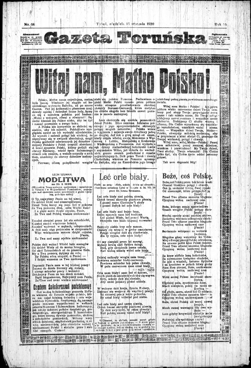 Pierwsza strona "Gazety Toruńskiej" z 18 stycznia 1920 roku.
