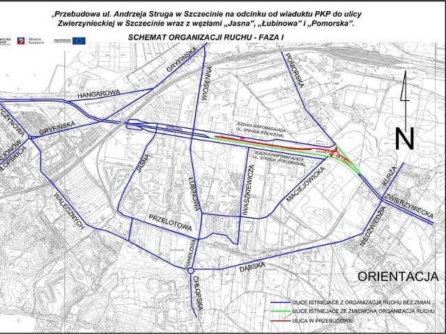 Czerwoną linią na mapie zaznaczono przebudowywane miejsca. Zieloną - ulice, które obejmie zmieniona organizacja ruchu. Linia niebieska  oznacza, że w tym miejscu nie musimy obawiać się utrudnień.