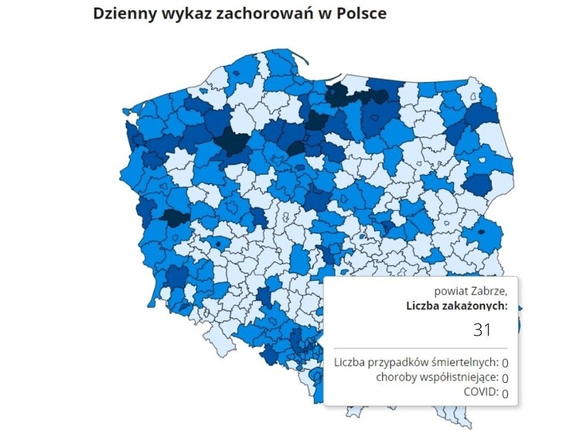 Liczba zakażeń w każdym z powiatów i miast woj. śląskiego;...