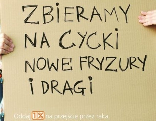 Plakat Fundacji "Rak'n'Roll&#8221; zachęca do przekazywania 1% na cele statutowe, m.in. wsparcie chorych i akcje społeczne