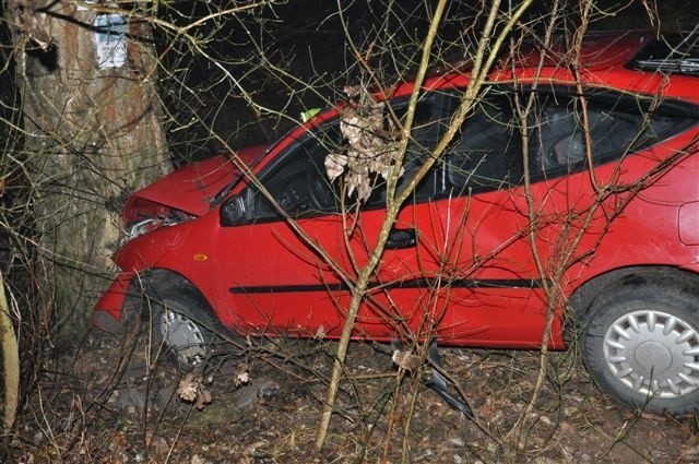 Mazda wypadła z drogi w Kamieńczyku i zatrzymała się na drzewie
