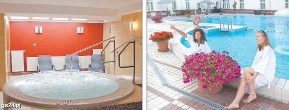 Duże jacuzzi z podgrzewanymi leżakami w eleganckim, nowoczesnych wnętrzu zadowoli nawet najbardziej wybrednych kuracjuszy (z lewej) Zewnętrzny basen przy sanatorium "Gryf&#8221; i sąsiadującym z nim centrum SPA "Zdrojowe Zacisze&#8221; jest idealnym miejscem na letni relaks. (z prawej)