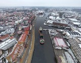 Ustecki port w zimowej scenerii. Z lotu ptaka prezentuje się kapitalnie. Zobaczcie zdjęcia 