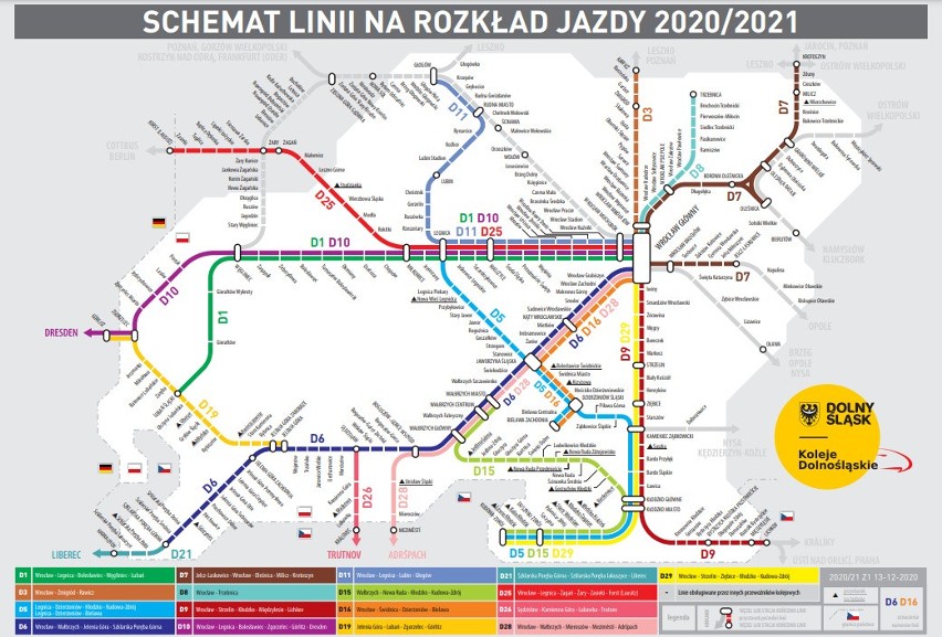 Aktualny schemat linii kolejowych obsługiwanych przez Koleje...