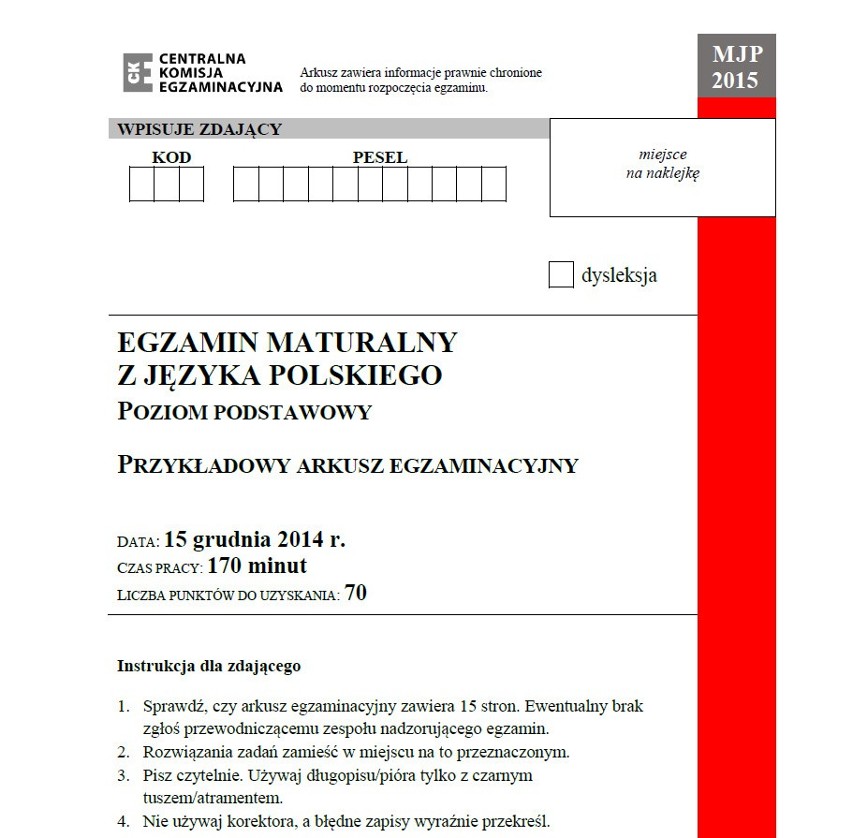 Próbna matura z polskiego 15.12.2015 CKE [ARKUSZE PYTAŃ Z POLSKIEGO PDF]