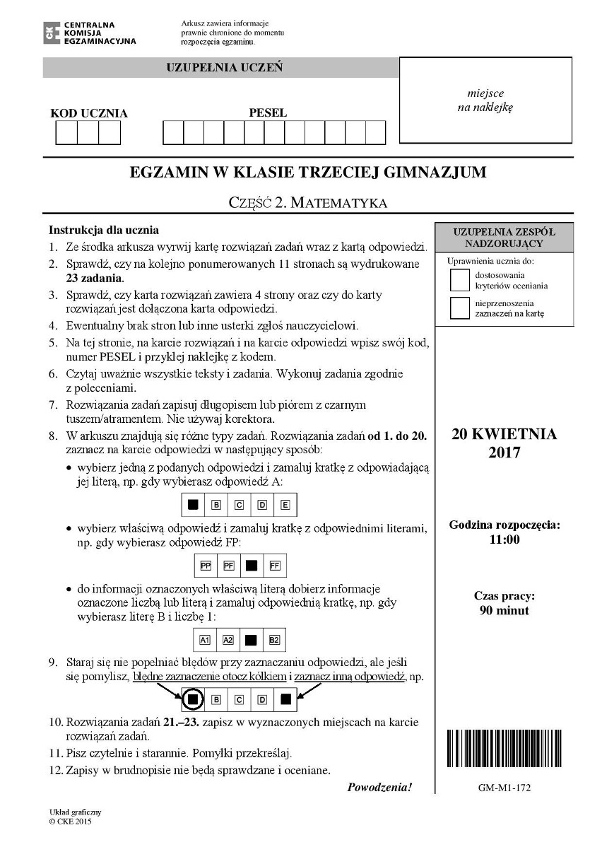 Egzamin gimnazjalny 2017: MATEMATYKA - ODPOWIEDZI, ROZWIĄZANIA, ZADANIA [ARKUSZE CKE]