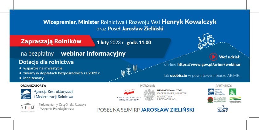 Webinar dla rolników. Na szkolenie on-line zaprasza minister Henryk Kowalczyk i poseł Jarosław Zieliński