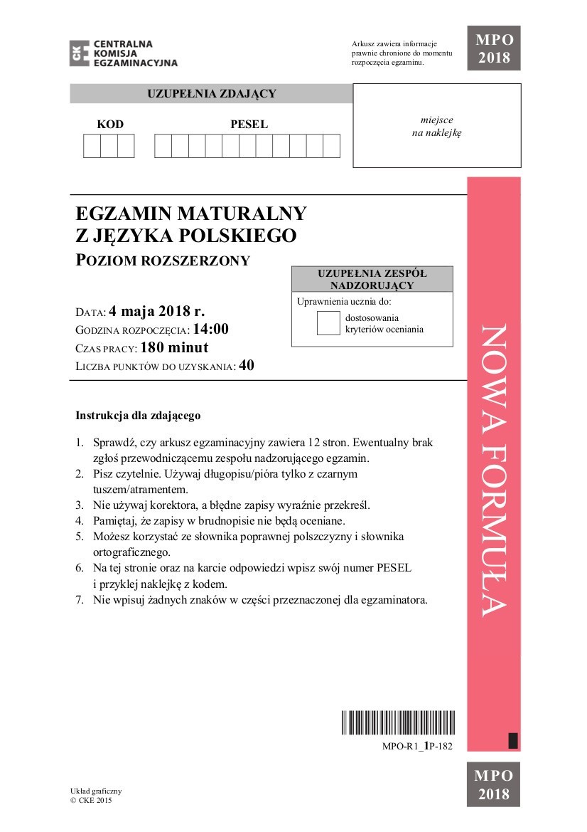 Matura 2018 polski ROZSZERZONY. ROZWIĄZANE ARKUSZE CKE - klucz odpowiedzi do matury 2018: polski POZIOM ROZSZERZONY