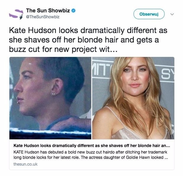 Kate Hudson ogoliła głowę do nowej roli. Aktorka jest nie do poznania! [ZDJĘCIA]