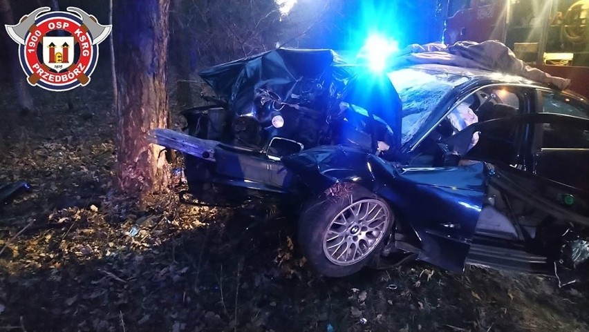 Wypadek na DK42 w Wygwizdowie w gminie Przedbórz. Kierujący bmw, 19-latek, uderzył w drzewo!