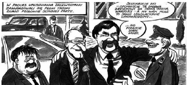 Komiksowych "Posłów słynnej partii&#8221; nietrudno rozpoznać jako Krzysztofa Putrę i Krzysztofa Jurgiela z PiS. "Blues żubra&#8221; każdy może przeczytać na portalu Pracowni na rzecz Wszystkich Istot.