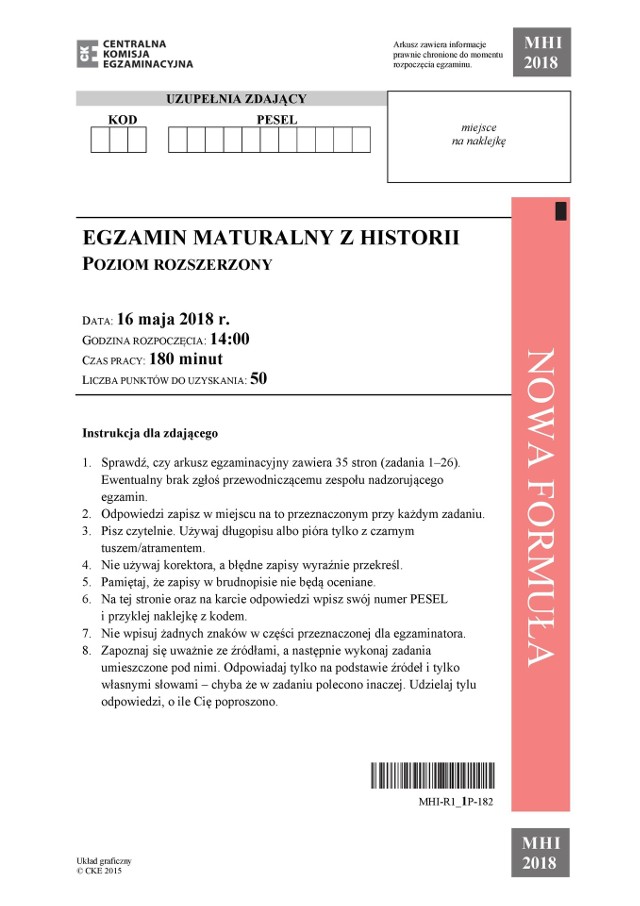 Matura Historia 2018 Arkusz CKE, Odpowiedzi Matura z historii