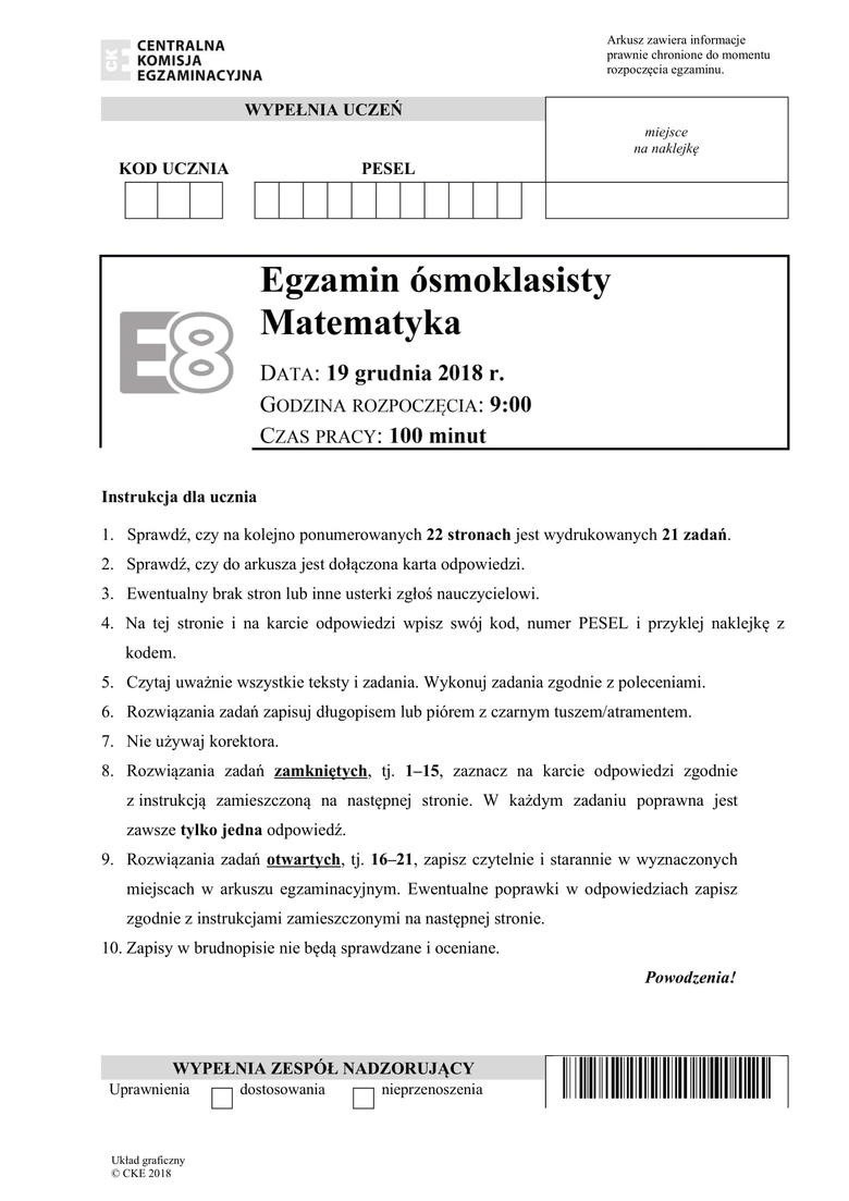 Egzamin ósmoklasisty 2019 ODPOWIEDZI MATEMATYKA. Arkusze...