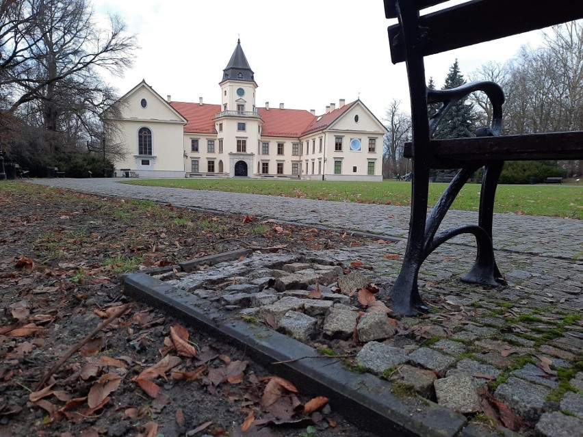 Zniszczona ławka i znikający bruk z parku dzikowskiego w Tarnobrzegu. Ktoś kradnie kostkę granitową? (ZDJĘCIA)