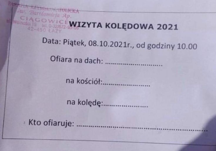 Ile na kościół i ile na kolędę? Parafianie z Ciągowic mają złożyć deklarację przed kolędą