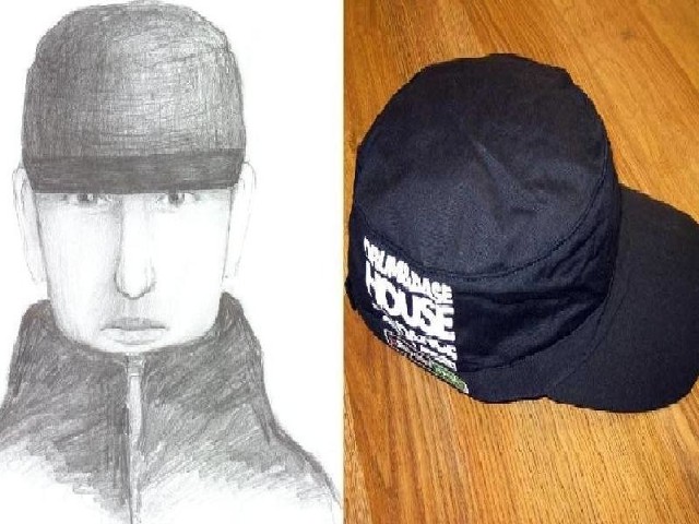 Wizerunek poszukiwanego i czapka mężczyzny