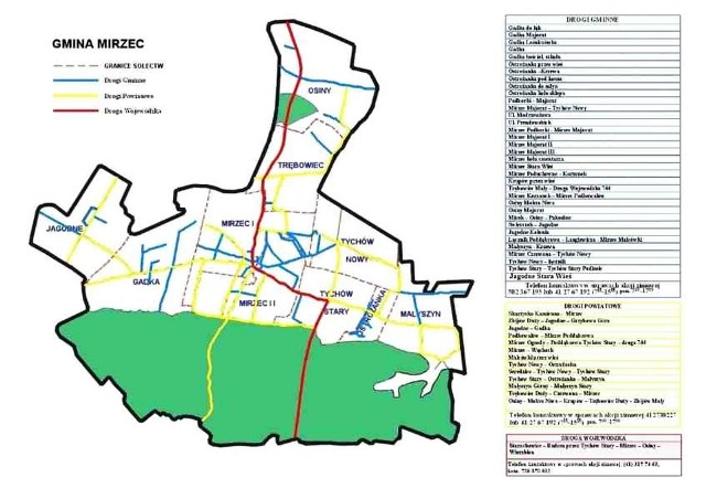 Mapa wszystkich dróg w gminie Mirzec- kolor niebieski- drogi gminne, kolor żółty- drogi powiatowe, brązowy- droga wojewódzka