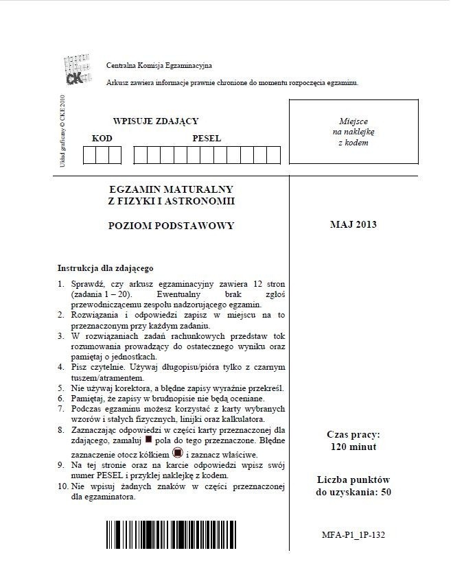 MATURA 2013. Fizyka i astronomia - poziom podstawowy [ARKUSZE, ODPOWIEDZI, KLUCZ CKE]