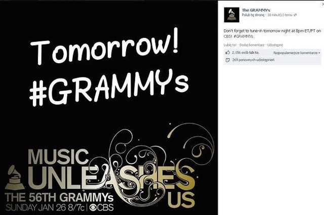 Ceremonia wręczenia Grammy 2014 już w niedzielę 26 stycznia! (fot. screen z Facebook.com)