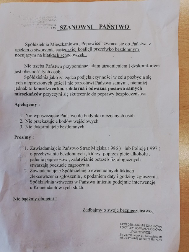 Tajemnicza ulotka przeciwko bezdomnym. Kto jest jej autorem?